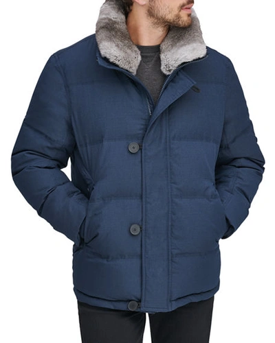 Andrew Marc Men's Bryant Mid-length Jacket W/ Removable Fur Trim In Blue