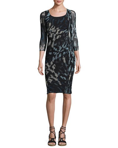 Fuzzi 3/4-sleeve Abstract-print Ruched Sheath Dress, Black/blue | ModeSens