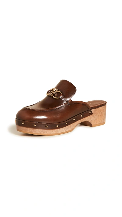 Ferragamo Cleome Double Gancio Platform Clog In Dark Vicune