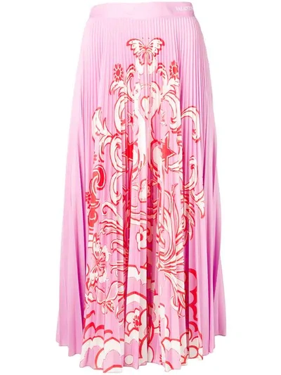 Valentino Printed Pleated Midi Skirt In Pink