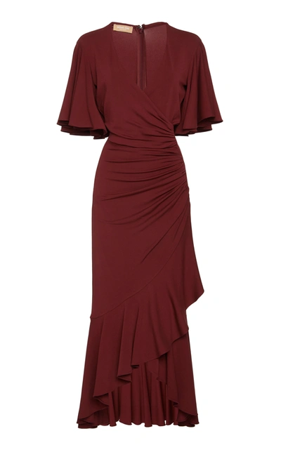 Michael Kors Ruffled Ruched Wrap-effect Jersey Midi Dress In Burgundy