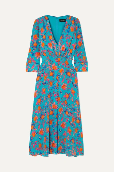 Saloni Eve Printed Silk Crepe De Chine Midi Dress In Blue
