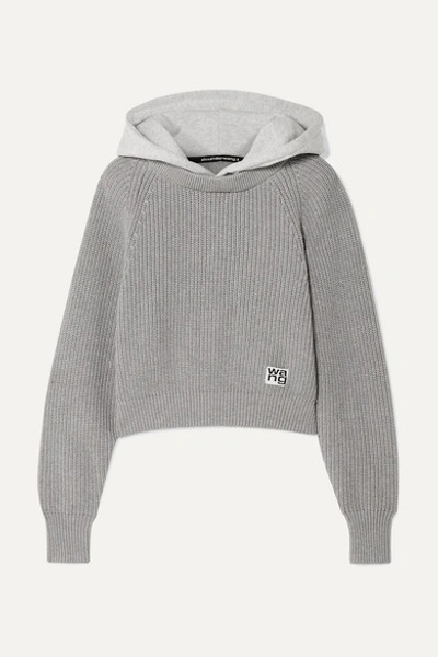 Alexander Wang T Hooded Jersey And Ribbed Cotton-blend Sweater In Heather Gray