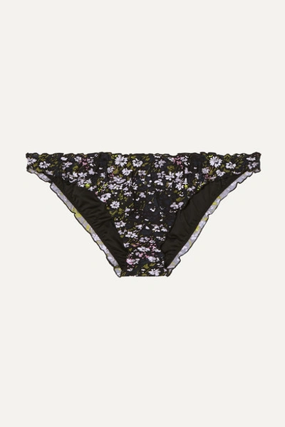Ganni Recycled Fabric Floral Frill Bikini Bottom In Black