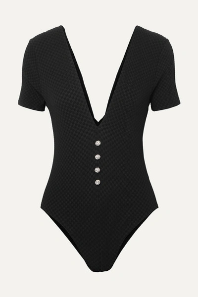 Leslie Amon Amanda Swarovski Crystal-embellished Seersucker Swimsuit In Black