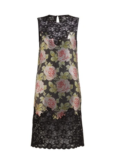 Paco Rabanne Paneled Corded Lace And Floral-print Chainmail Dress In Black