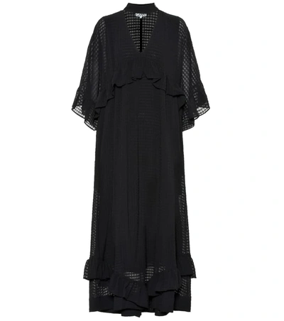 Ganni Ruffled Seersucker Midi Dress In Black | ModeSens