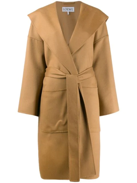 hooded belted wool coat