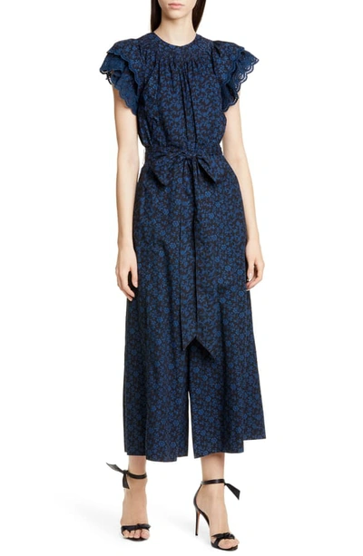 Ulla Johnson Landon Eyelet Trim Wide Leg Jumpsuit In Midnight Floral