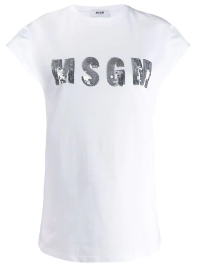 Msgm Sequin Logo T-shirt In White