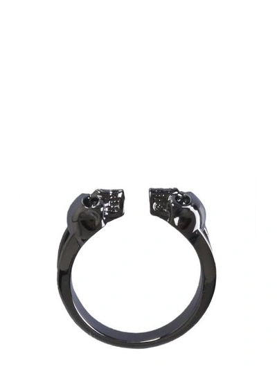 Alexander Mcqueen Twin Skull Double Ring In Grey