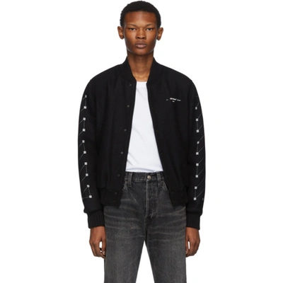 Off-white Black Embroidered Skinny Varsity Bomber Jacket In Black,silver