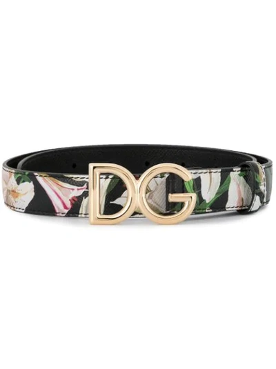 Dolce & Gabbana Dg Logo Leather Floral Belt In Black