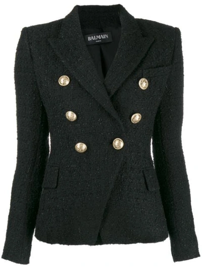 Balmain Double Breasted Tweed Blazer In Pa Noir