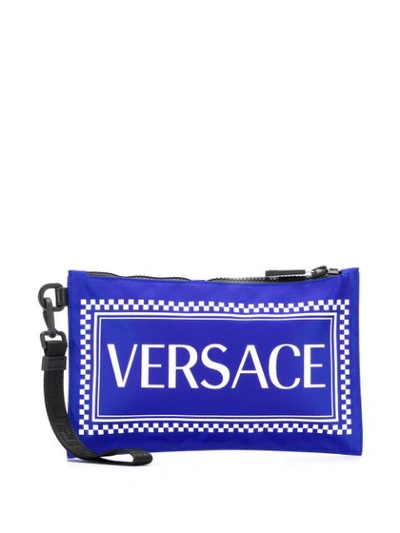 Versace Logo Print Clutch In Blue