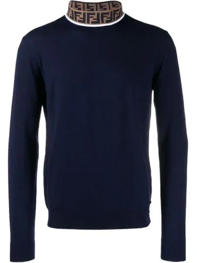 Fendi Logo High-neck Knitted Jumper In Blue