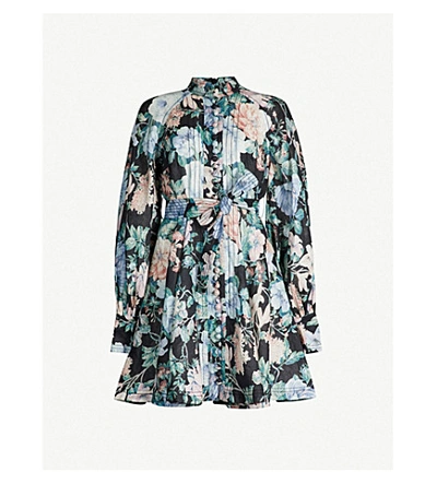 Zimmermann Verity Floral-print Long-sleeved Linen Mini Dress In Black Floral