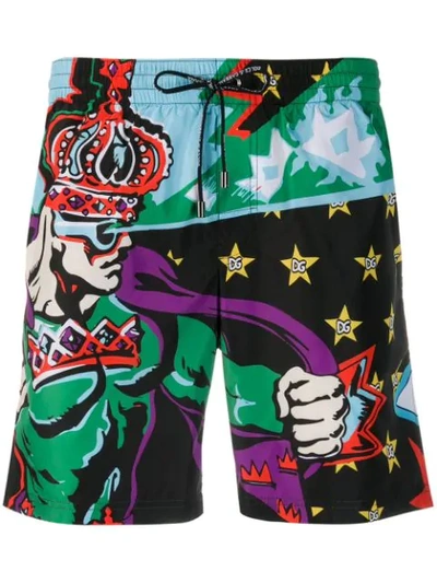 Dolce & Gabbana Mid-length Swimming Trunks With Superhero King Print In Hxj17 Human Crown F.multic