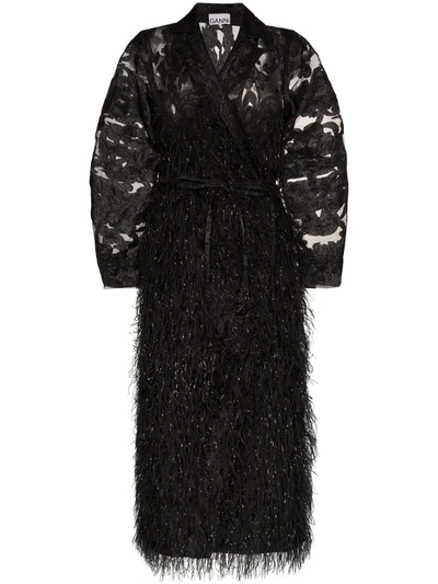 Ganni Feathered-skirt Brocade-organza Coat Dress In Black
