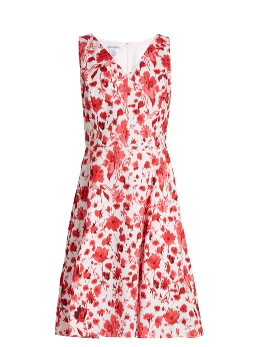 Oscar De La Renta Floral-print V-neck Cotton-blend Dress In Red | ModeSens