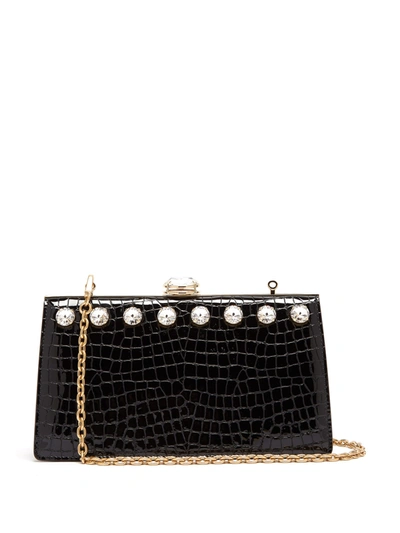 Miu Miu Glass Crystal Stud Croc Embossed Leather Clutch In Black