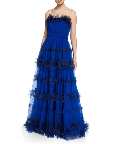 Marchesa Notte Strapless 3d Floral Stripe Tulle Ball Gown In Royal