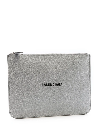 Balenciaga Everyday Glittered Calfskin Medium Pouch In Silver