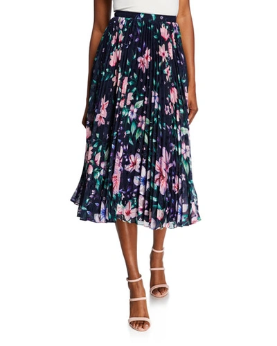 Marchesa Notte Floral Pleated Burnout Chiffon Midi Skirt In Navy