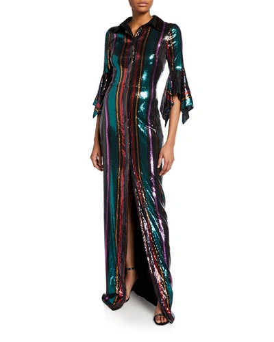 Badgley Mischka Disco Stripe Sequin Column Gown With Slit In Black