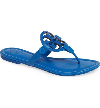 Tory Burch Miller Logo Flat Leather Sandals In Bright Tropical Blue/ Tropical