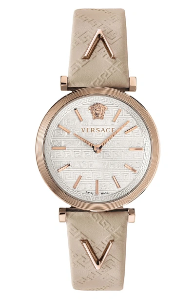 Versace V Twist Leather Strap Watch, 36mm In Ivory/ Silver/ Rose Gold