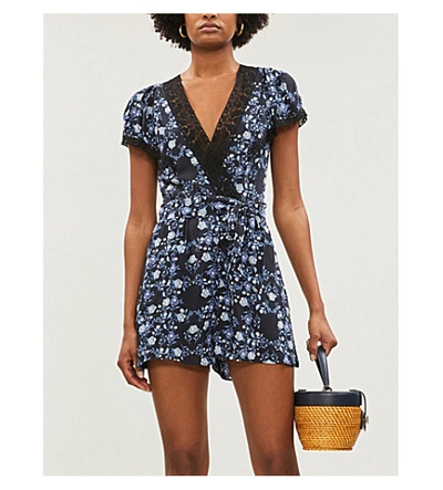 Sandro Lace-trimmed Floral-print Crepe Playsuit In Blue