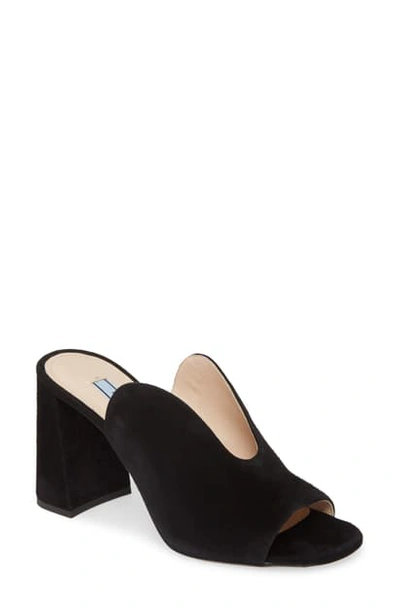 Prada Dip-front Suede Block-heel Mules In Black Suede