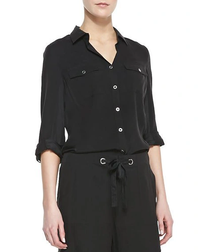 Go Silk Plus Size Silk Safari Shirt W/ Tab Sleeve Detail In Black