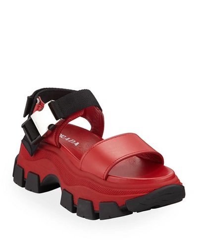Prada Leather Flatform Lug-sole Sandals In Red