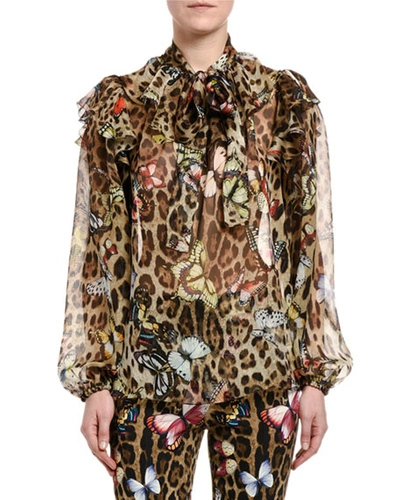 Dolce & Gabbana Leopard Butterfly-print Chiffon Tie-neck Blouse