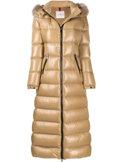 Moncler Hudson Long Nylon Laqué Down Coat In Neutrals