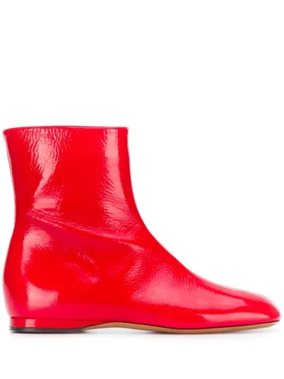 Marni Flat Leather Ankle Boots In Red