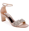 Badgley Mischka Alison Crystal Embellished Ankle Strap Sandal In Latte Satin