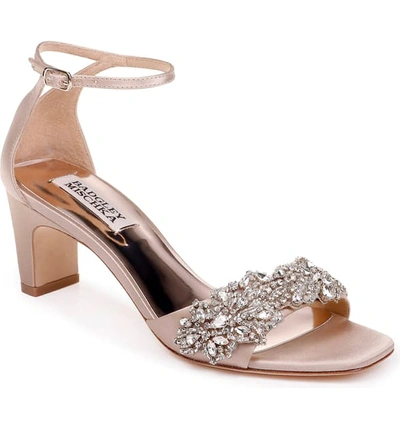 Badgley Mischka Alison Crystal Embellished Ankle Strap Sandal In Latte Satin