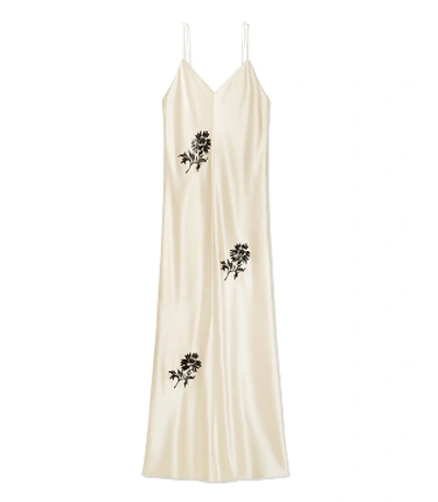 Tory Burch Embroidered Satin Slip Dress In Prosecco | ModeSens