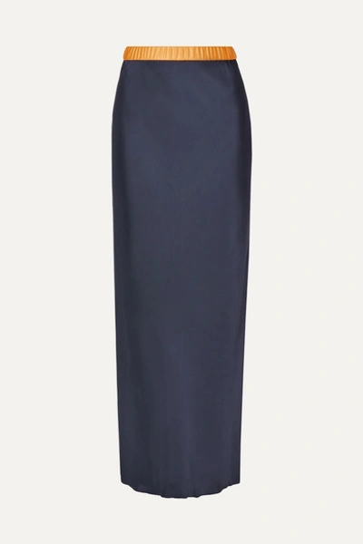 Helmut Lang Convertible Contrast Waist Satin Maxi Skirt In Midnight Blue