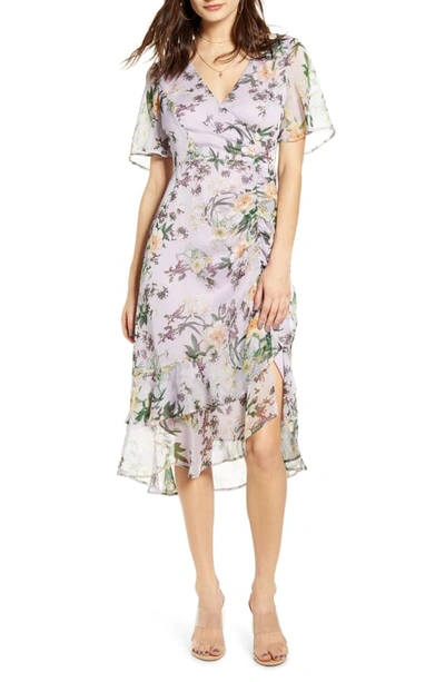 Astr Floral Ruched Front Dress In Lilac Floral