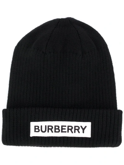 Burberry Kid's Logo Merino Wool Beanie Hat In Black