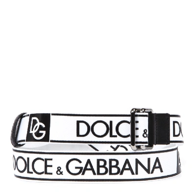 Dolce & Gabbana White And Black Fabric And Leather Logo Belt