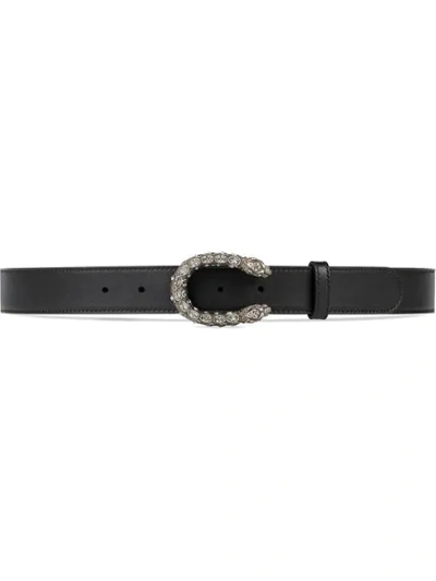 Gucci Leather Belt With Crystal Dionysus Buckle In Black Leather