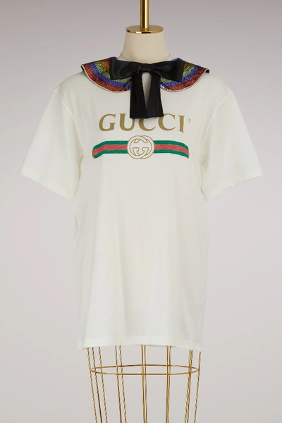 Gucci Print Collared Cotton T-shirt In Natural White Multic