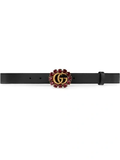 Gucci Leather Belt With Double G And Crystals In Black