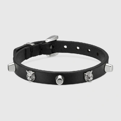 Gucci Leather Bracelet With Feline Heads In Undefined