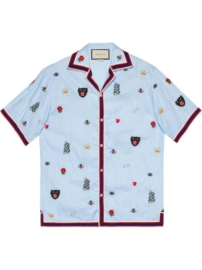 Gucci Embroidered Cotton Bowling Shirt In Blue